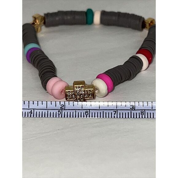Cross With Rhinestone Colorful Heishi Beaded Bracelets Stretch Gold Tone Beach - Picture 6 of 6